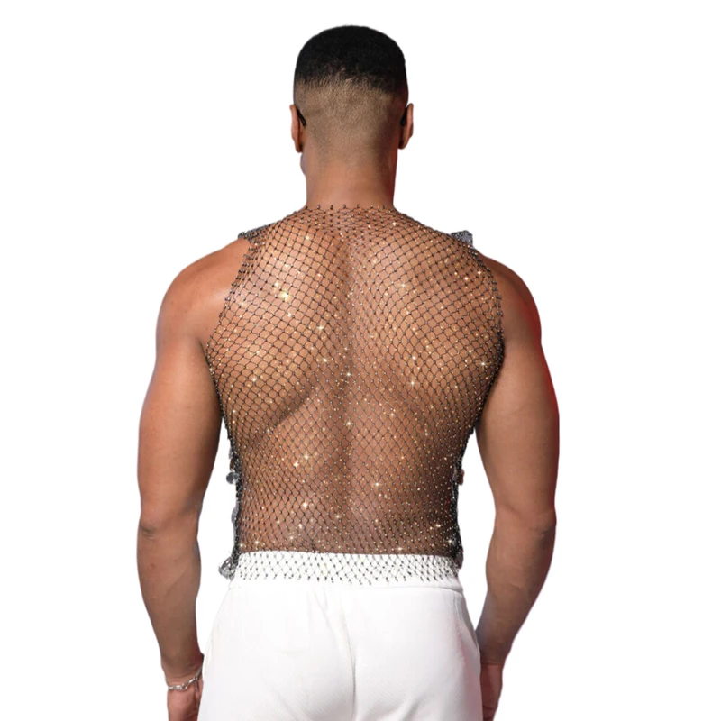 Herren Pailletten-Tanktop Ärmellos Transparentes Netz-Oberteil Ausgehöhlt Nachtclub Party Festival Rave Mode Y2K Top футболка+женская – Detail 5