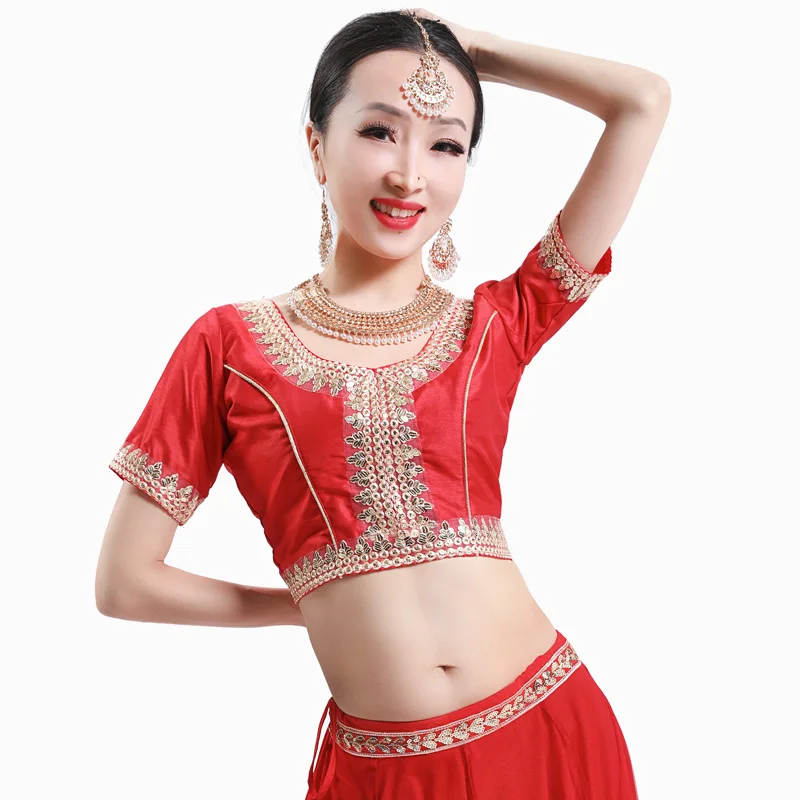 Indian Dance Tops Women Adult Short Sleeve Round Collar Embroidery Shirt Belly Dance Costumes Bollywood Performance Wear DQL8067