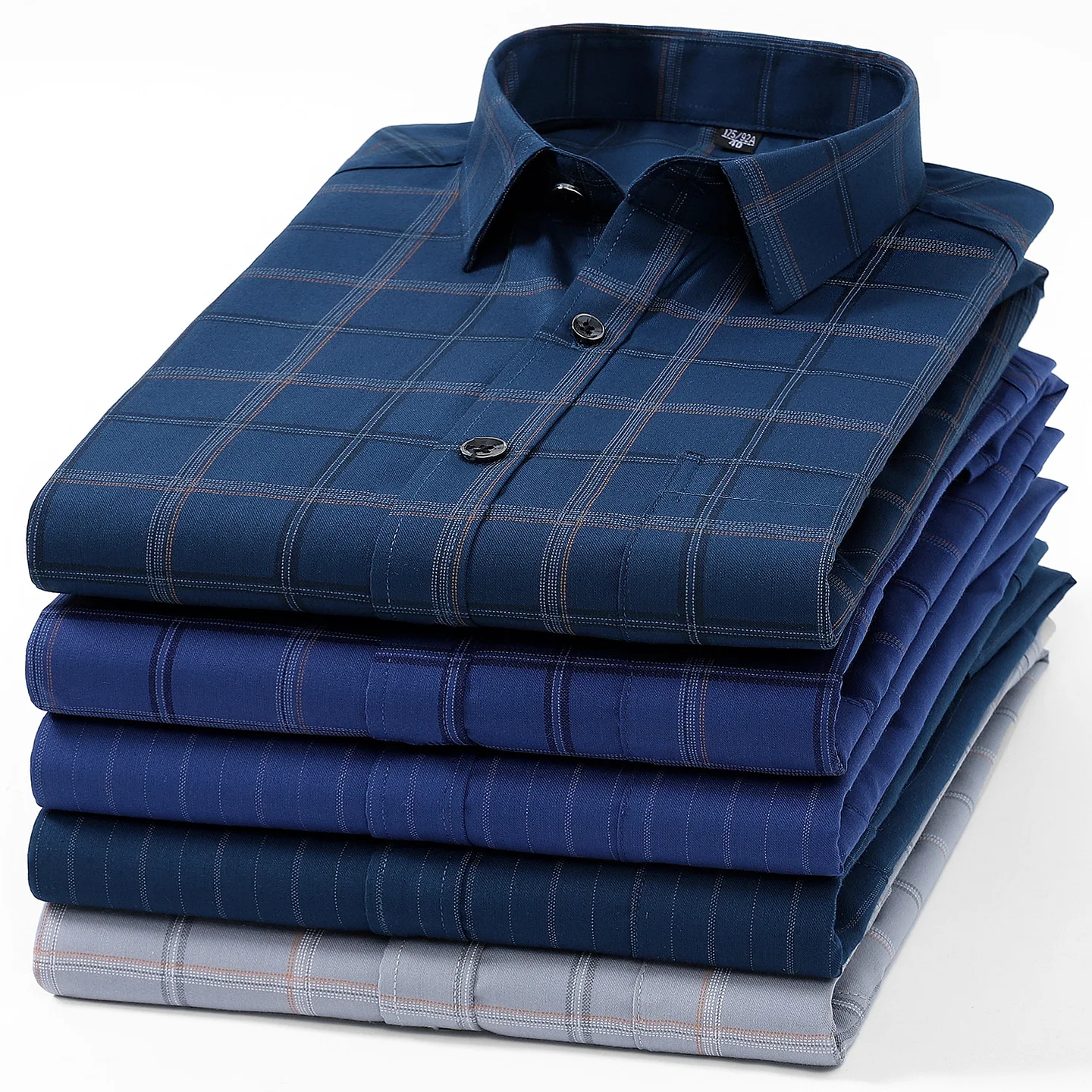 Plus size 7xl elastic long sleeve shirts for men slim fit formal plain shirt casual single pocket plaid tops work office clothes