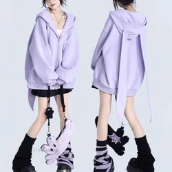 Trendy Purple Rabbit Girl Ear Hooded Sweater with Long Ears for Women Oversize Hoodie Loose Zipper Cardigan Coat Clothes