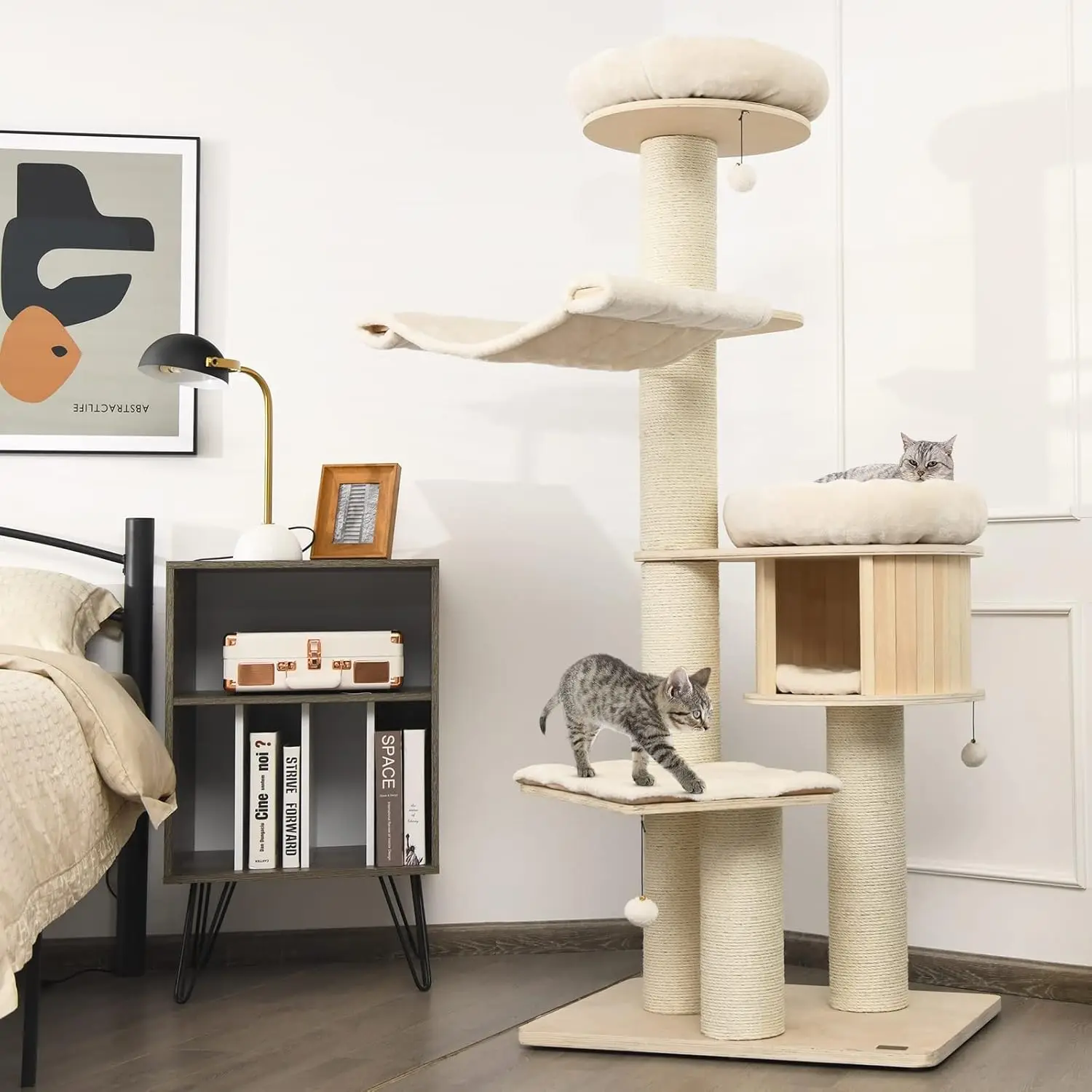 Indoor Multi-Level Wooden Cat Tower, Washable Cushions, Tall Structure with Condo & Hammocks & Sisal Posts