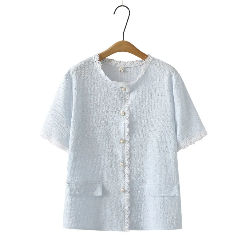 

2025 летняя женская рубашка больших размеров, новая модная шикарная блузка с французским кружевом и коротким рукавом, 100 кг, 2509