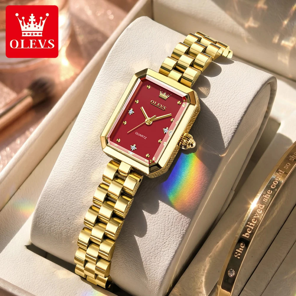OLEVS Hot Brand Stainless Steel Gold Strap Watch Women Luxury Gift Wristwatch Lady Fashion Simple Square Quartz Watches Womens