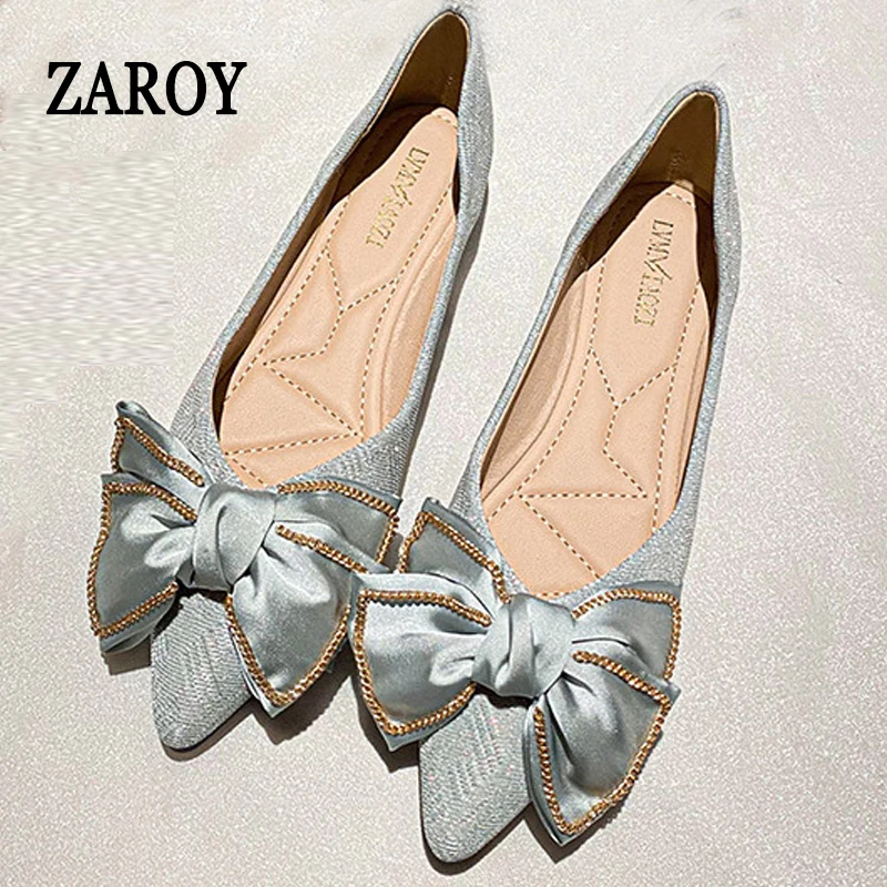 

ZAROY Elegant Party Women Shoes Flats Bowknot Point Toe Satin Ballet Shoes Fashion Office Footwear Ballet Fats Big Size 43 об