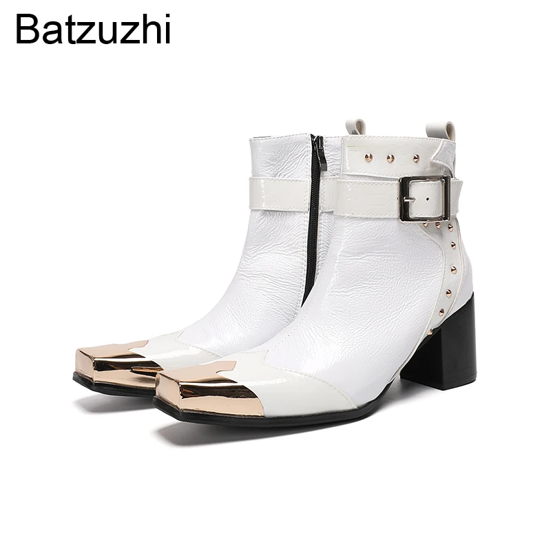 Batzuzhi 7CM High Heels Men's Ankle Boots Fashion White Genuine Leather Short Boots for Man Party/Wedding Footwear