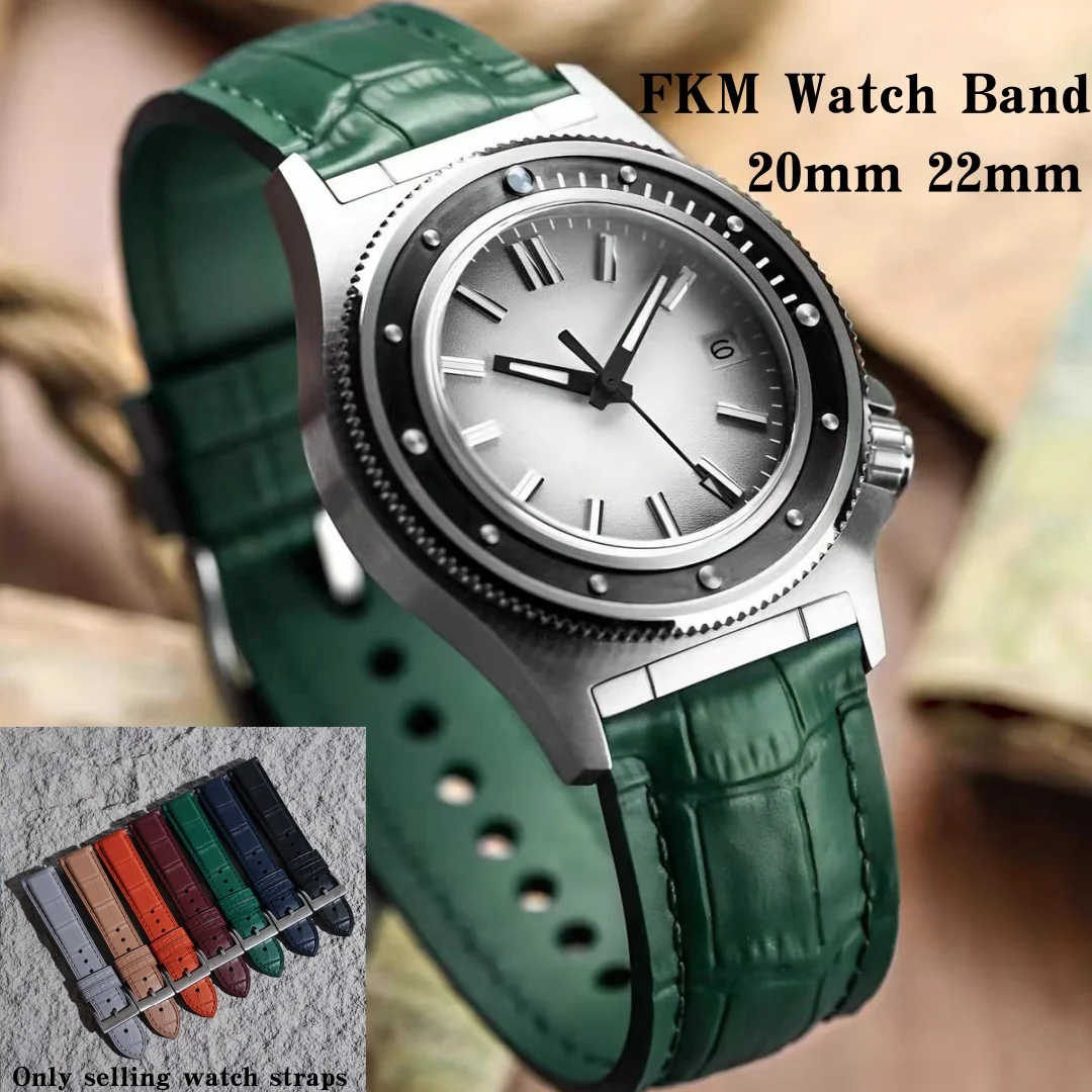 20mm 22mm Waterproof Quick Release FKM Watch Band Bamboo Crocodile Pattern Fluororubber Strap for Tudor Omega Seiko Mido