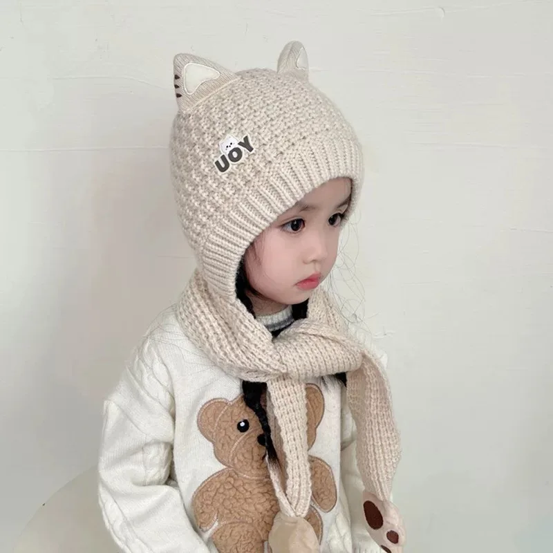 Beanies Hat 2025 New Winter Wool Hats Scarf Integrated Ear Hat Boys and Girls Cartoon Thermal Pullover Hat