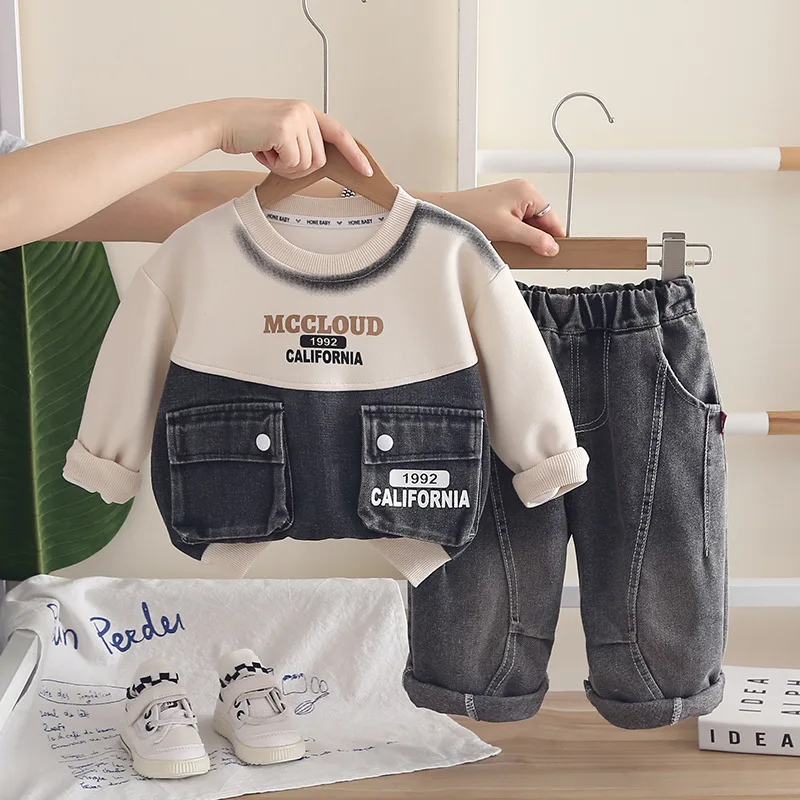 Toddler Boys Outfit Set Kids Fall Clothing 2026 Spring Autumn Denim Patchwork Sweatshirts and Pants Two Piece Children's Clothes