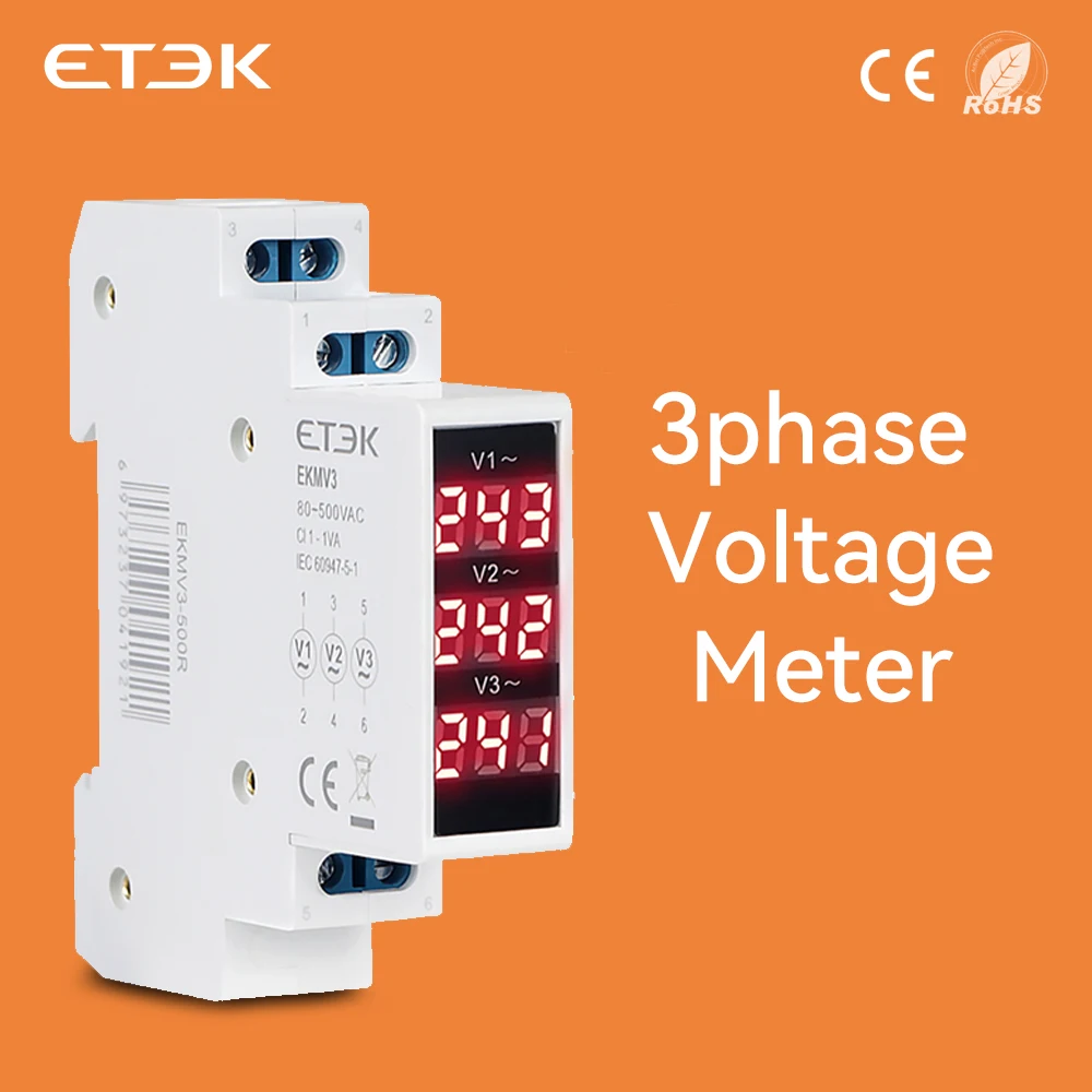 Modułowy woltomierz cyfrowy 3ph 80-500v miernik napięcia AC ETEK szyna Din Voltagemeter detektor trzy-wyświetlacz EKMV3-500R moduł