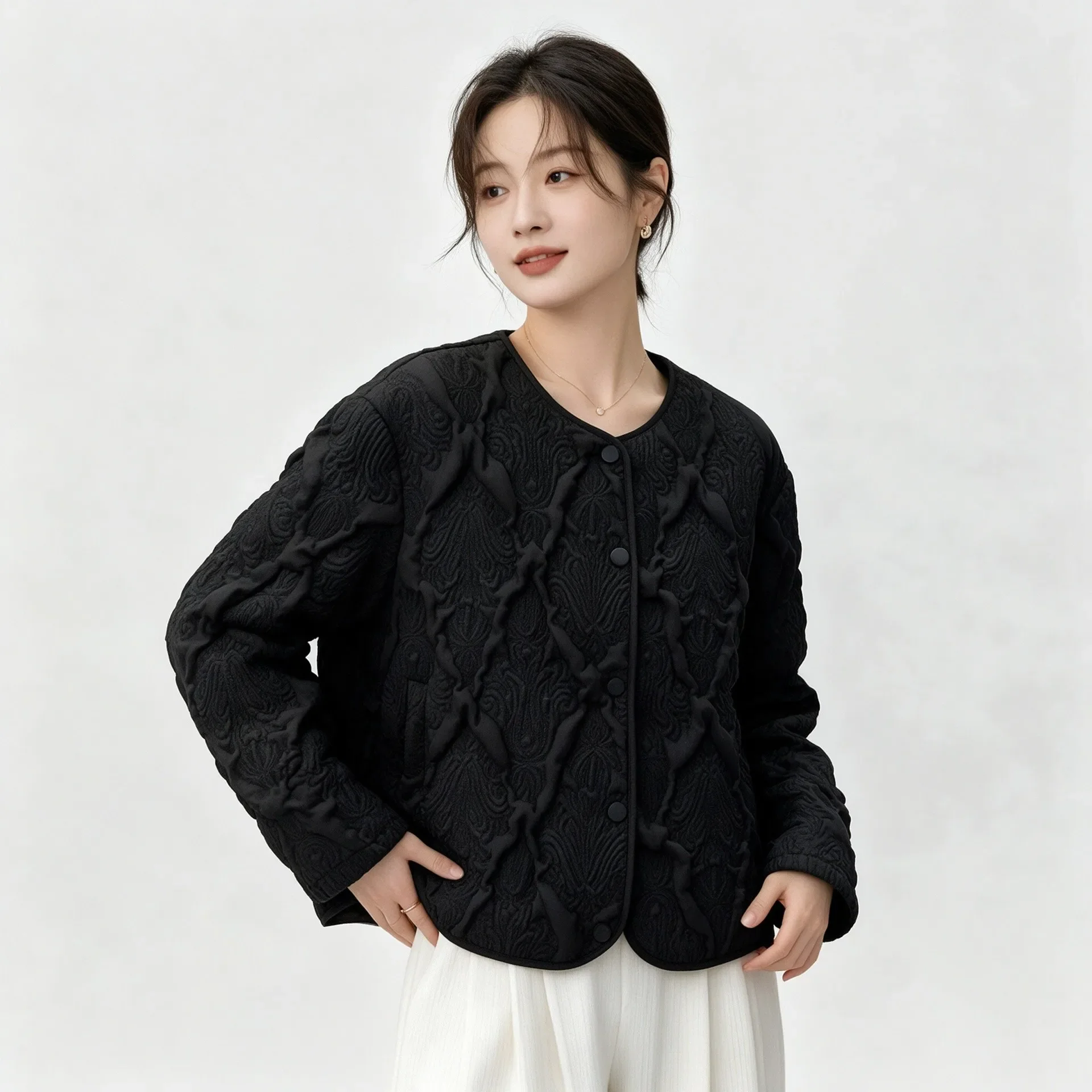 Miyake Women Embossed Jacquard Quilted Jacket 2026 New Round Neck Long Sleeve Button Short Coat