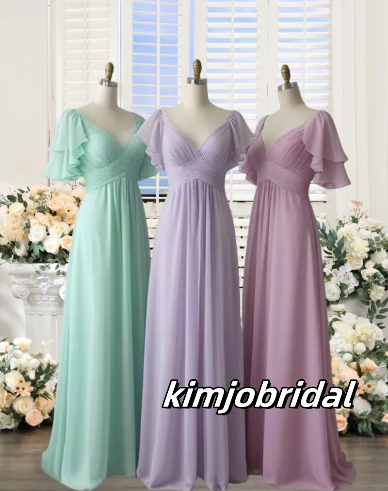 

Real Chiffon V Neck Ruched Bridesmaid Dresses Long for Women 2025 A Line Short Sleeve Ruffle Empire Waist Formal Evening Gowns