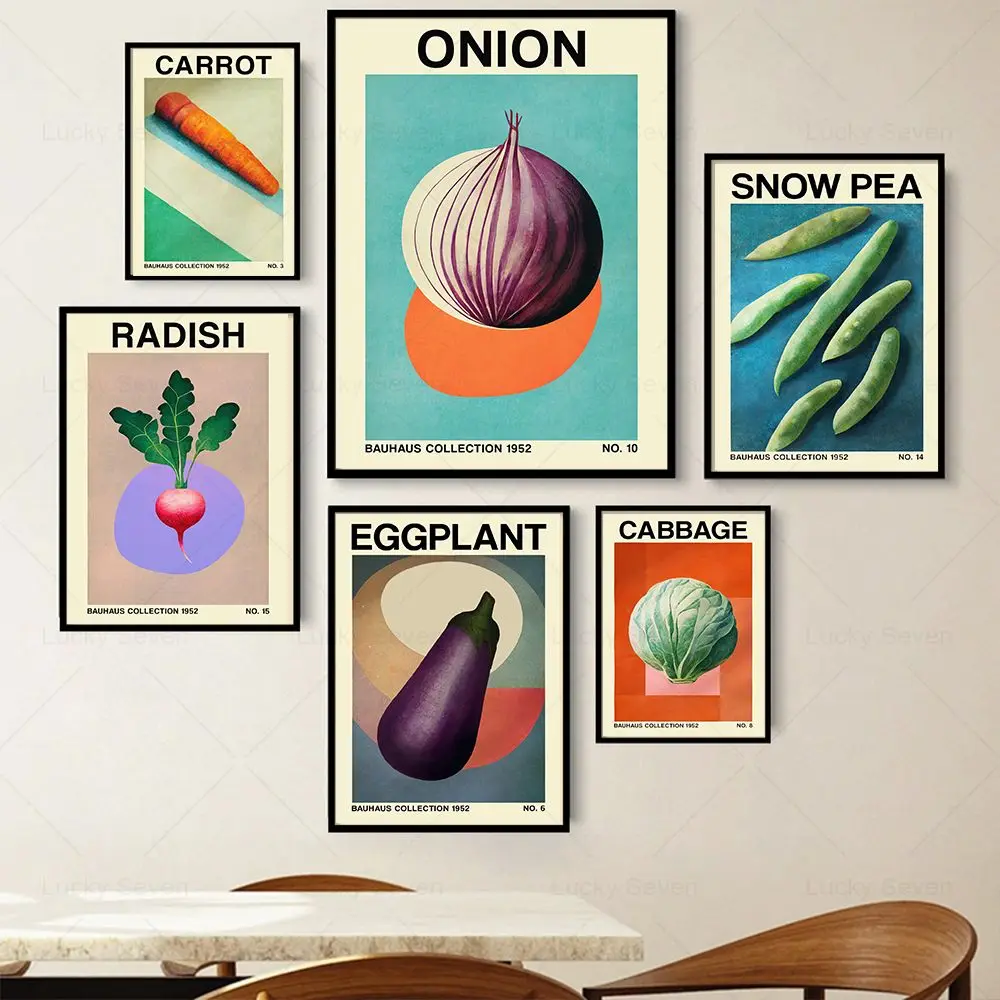 Retro Vegetable Fruit Posters Bauhaus Inspire Gallery Canvas Painting Garlic Onion Carrot Avocado Peach Print Kitchen Wall Decor