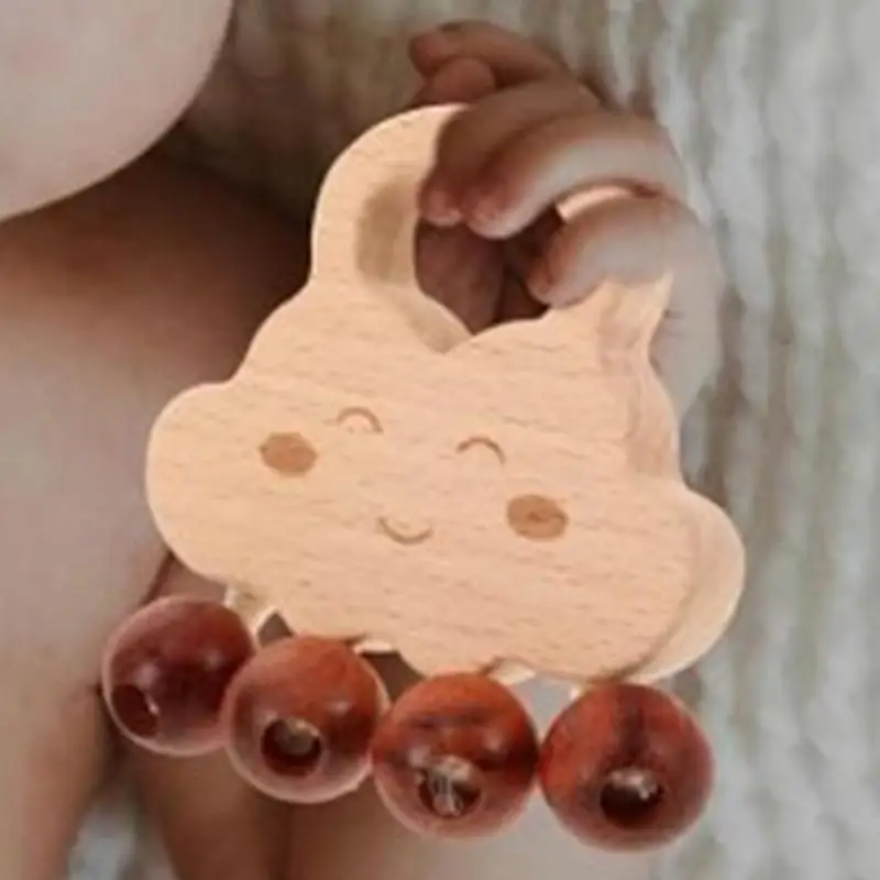 Sonajero de mano para niño y niña, juguete de dentición con diseño de nube, madera Natural, sin pintura, 0 a 3 meses