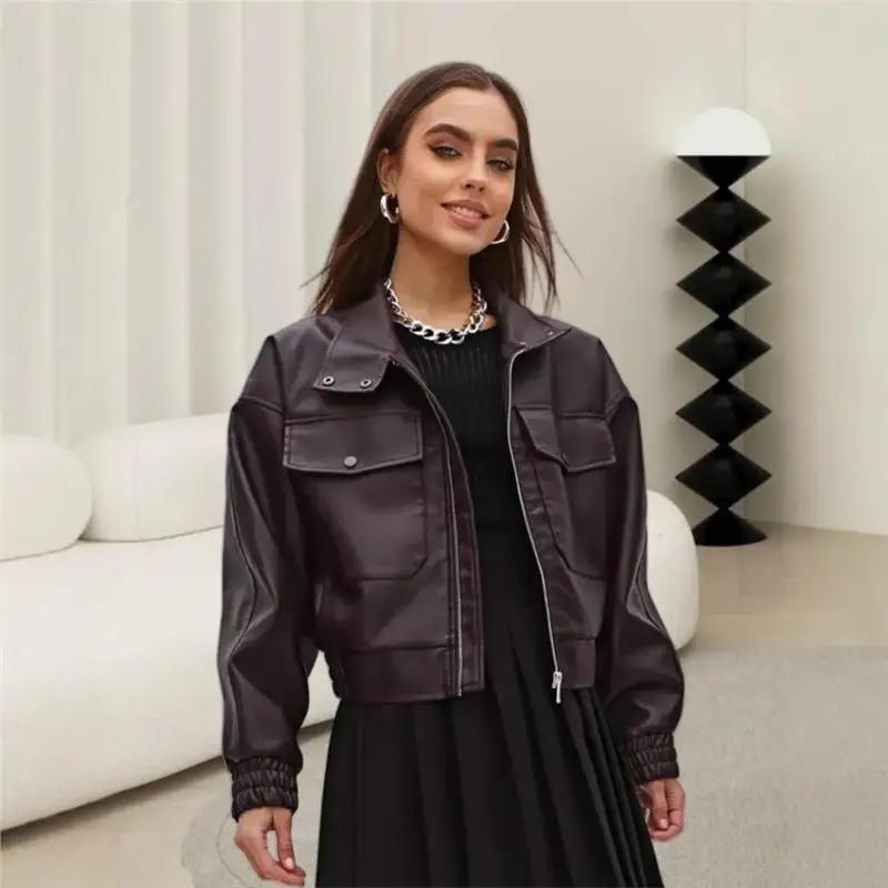 

Retro Hong Kong Sle Long Sve Collar Jaet Women's Large ket Faion Open Cardigan Leather Coat Spring Summer New Arr...