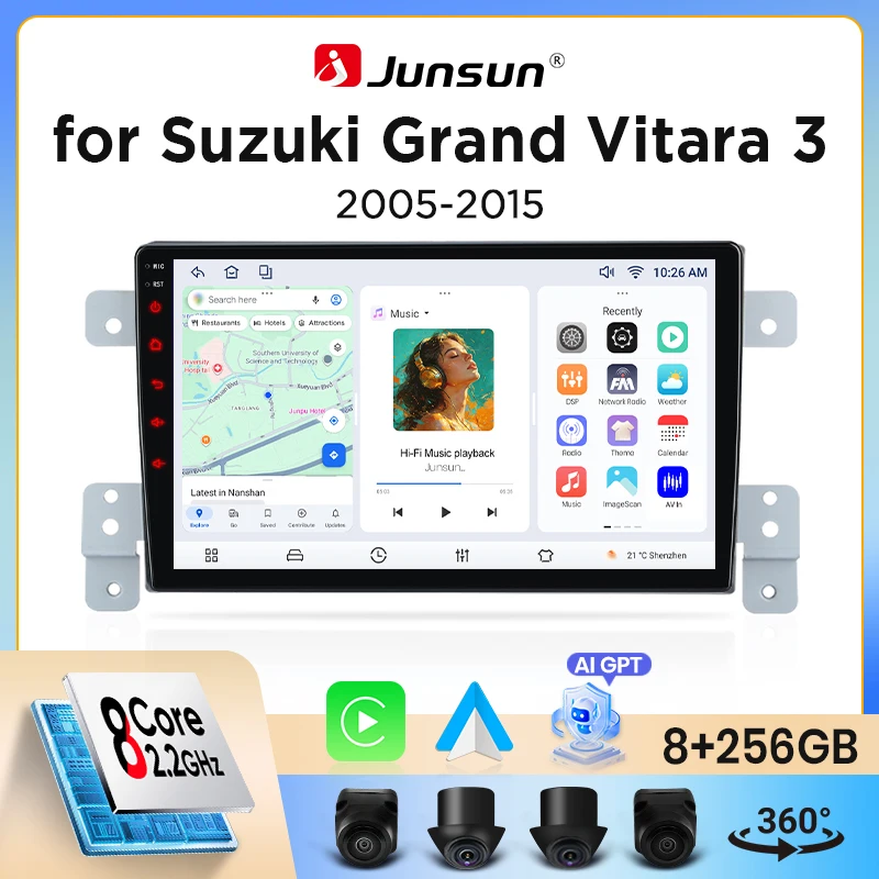Image of Junsun Wireless CarPlay Android Auto Autoradio für Suzuki Grand Vitara (JT) 2005-2017 mit integriertem Lüfter, Android GPS-Navigation, Multimedia-Player, WiFi, DSP, RDS, BT, SWC, IPS-Touchscreen,