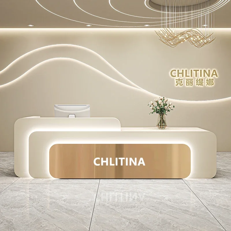 

Entrance Tables Wooden Furniture Hairdresser Counter Beauty Salon Led Cash Pink Reception Desk Aesthetic Luxury Barber Shop Spa