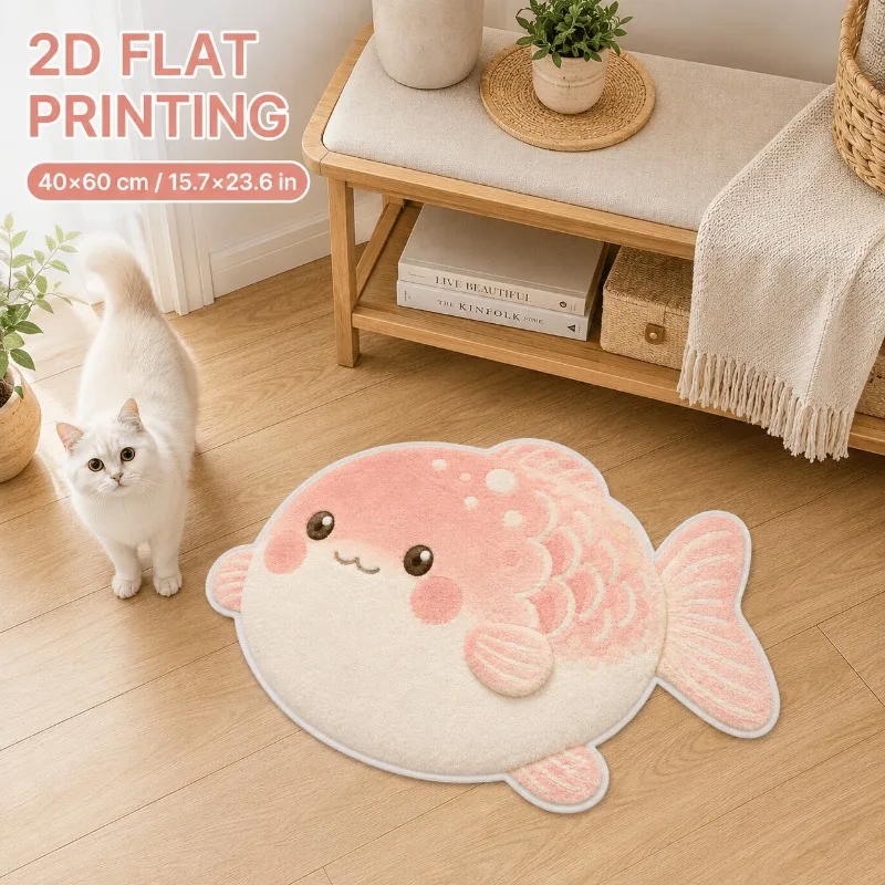 VIKAMA Kawaii Blush Puffer Fish Irregular Rug 2D Print Soft Plush Washable Anti Slip Girl Bedroom Entry Fashion Carpet
