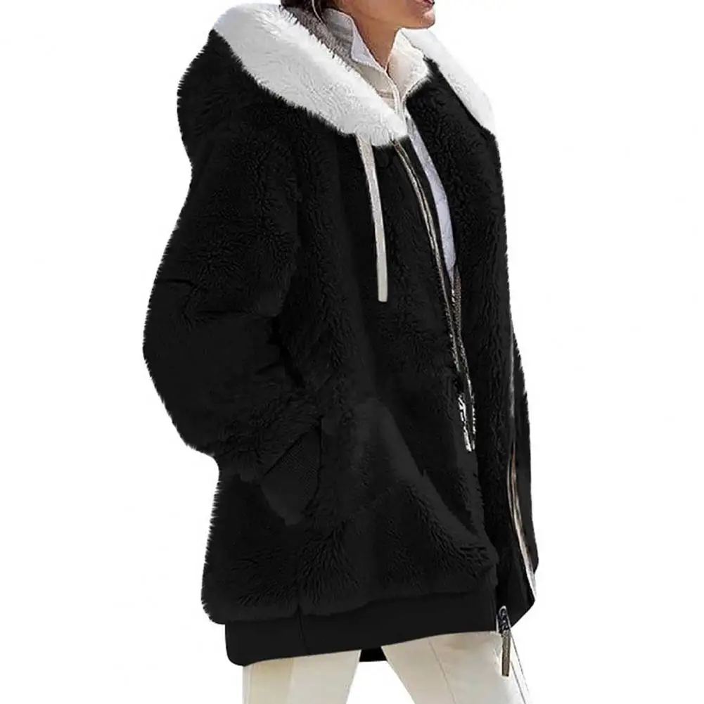 Vintage Women Winter Plush Coat with Hood Drawstring Zipper Closure Loose Windproof Thickened Jacket Travel Outerwear