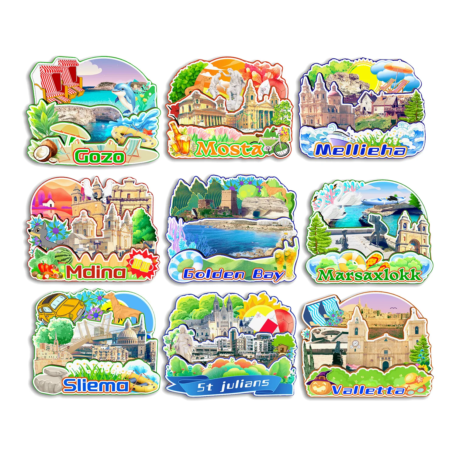 

Valletta St Julians Sliema Marsaxlokk Mdina Mellieha Mosta Gozo Golden Bay MALTA Fridge Magnet Travel Souvenir Gift
