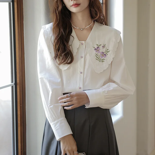 Kimotimo Embroidery Peter Pan Collar White Shirt Women 2024 New Sweet Loose Long Sleeve Tops French Elegant All Match Blouses