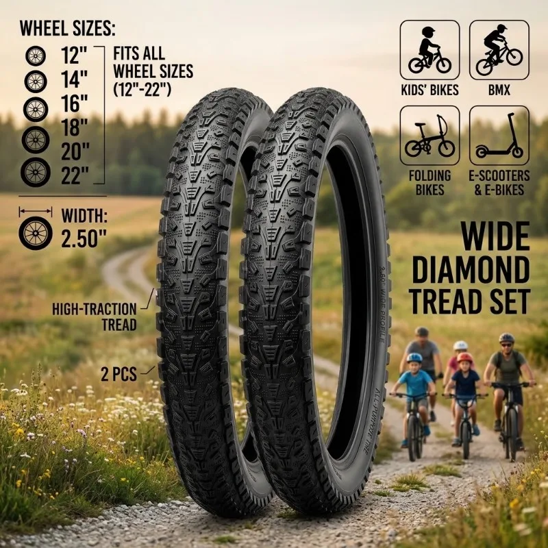 2Pc 12 14 16 18 20 22x2.50 Wide Diamond Tread Bike Tire Kids BMX Folding Electric Scooter Bicycle Tyre Cycling Replacement Parts
