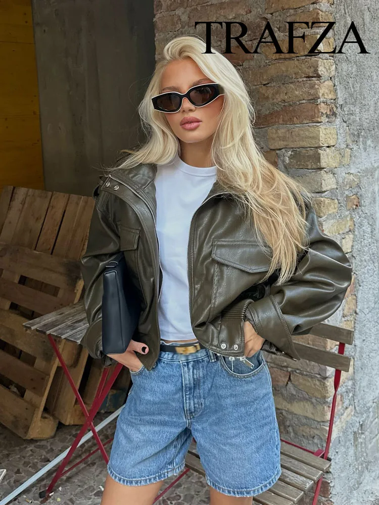 

TRAFZA Women's Autumn Fashion Coats Solid High Collar Long Sleeves Pockets Decoration Zipper Female Streetweer Style Jackets