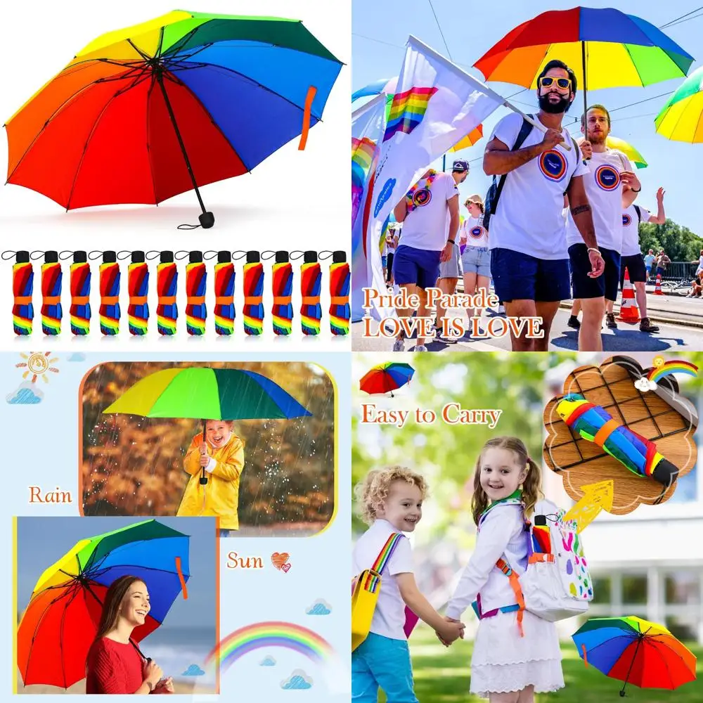 

Portable Windproof Rainbow Pride Umbrella - Compact Tri-Fold Travel Beach Wedding Party Rain Parasol