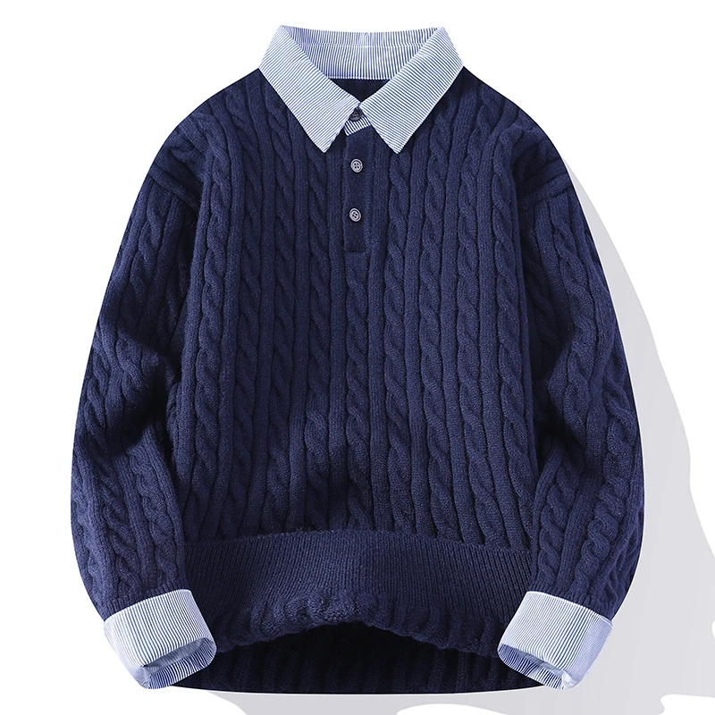 

Мужской повседневный вязаный свитер с воротником-рубашкой, в стиле колледж, имитация двухслойности, с длинным рукавом, зимняя модная мужская одежда