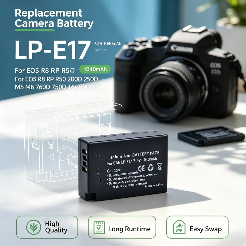 7.4V 1040mAh LP-E17 LPE17 Camera Battery for Canon EOS R8 RP R50 200D 250D M3 M5 M6 760D 750D T6s 800D T8i High Qualty Bateria