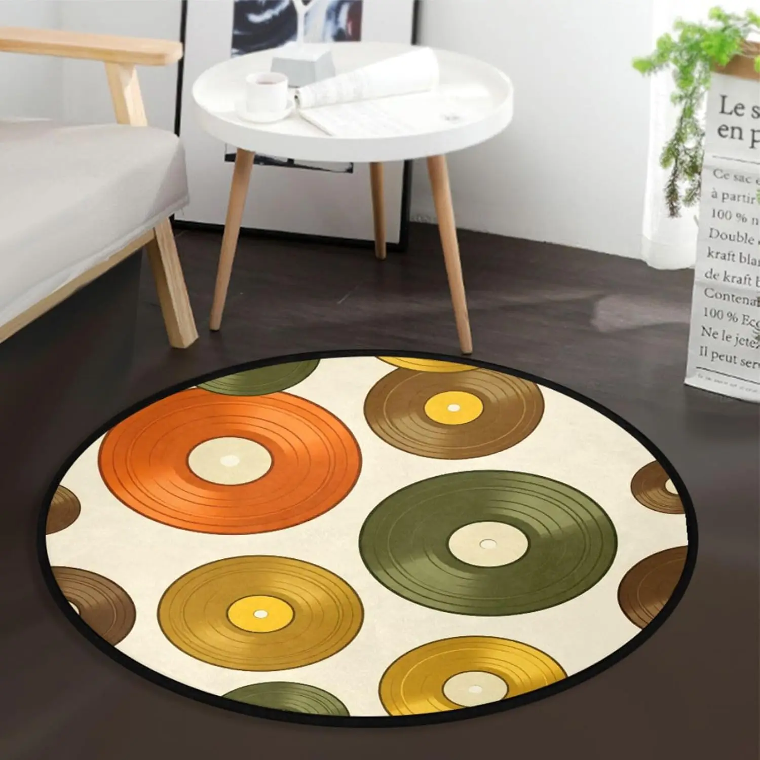 Bohemian Vinyl Record Pattern Circular Mat Boho Geometric Album Art Rug Carpet for Living Room Bedroom Nursery Modern Home Decor