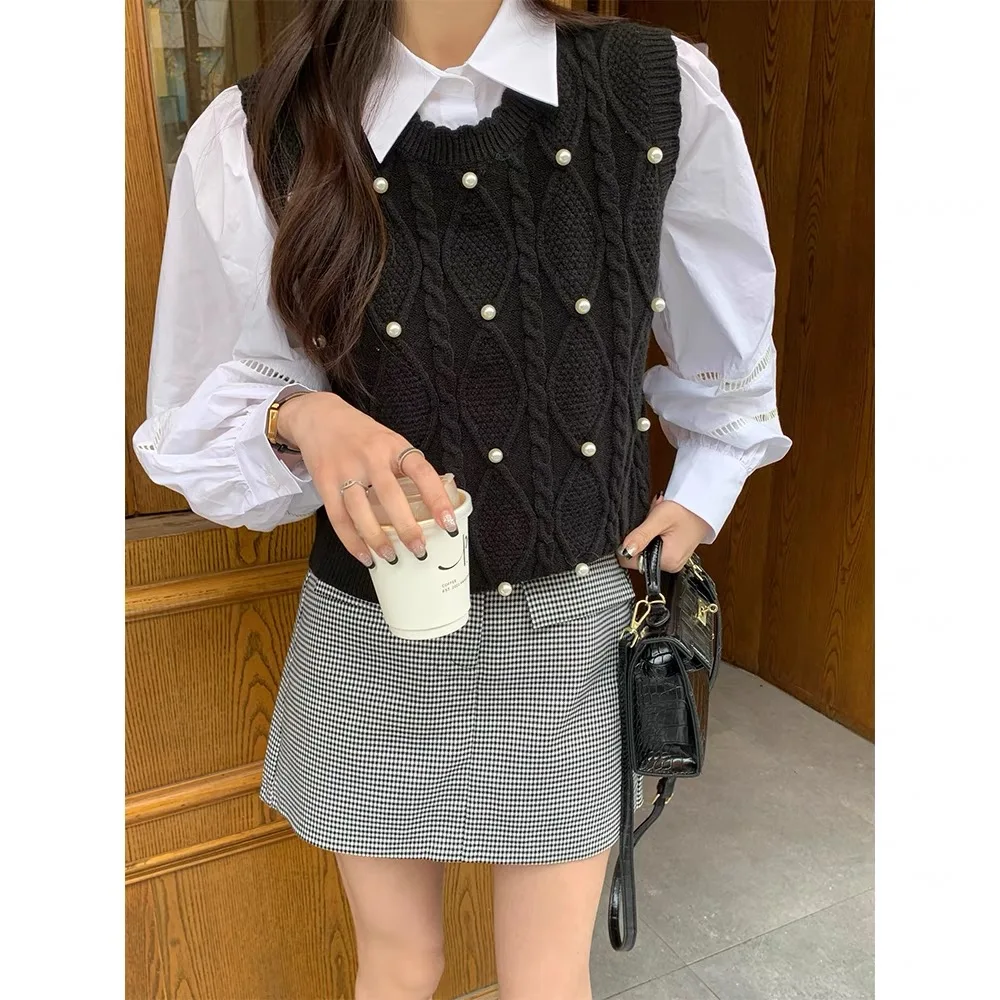 New Autumn Winter Peals Beading Sleeveless Sweater Vests Women Korean Style O-neck Pullover Knit Vest Simple Versatile Tank Tops