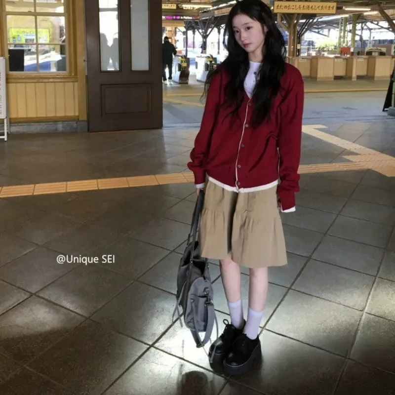 Japanese Style Pleated Loose Casual Knee Length Skirt Women 2026 Summer High Waist Solid Color All-match A-line Skirt