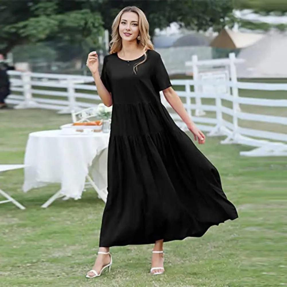 

Summer Long Dress Bohemian Style Maxi Dress with Pleated A-line Silhouette Short Sleeves Pockets Women's Vacation Beachwear