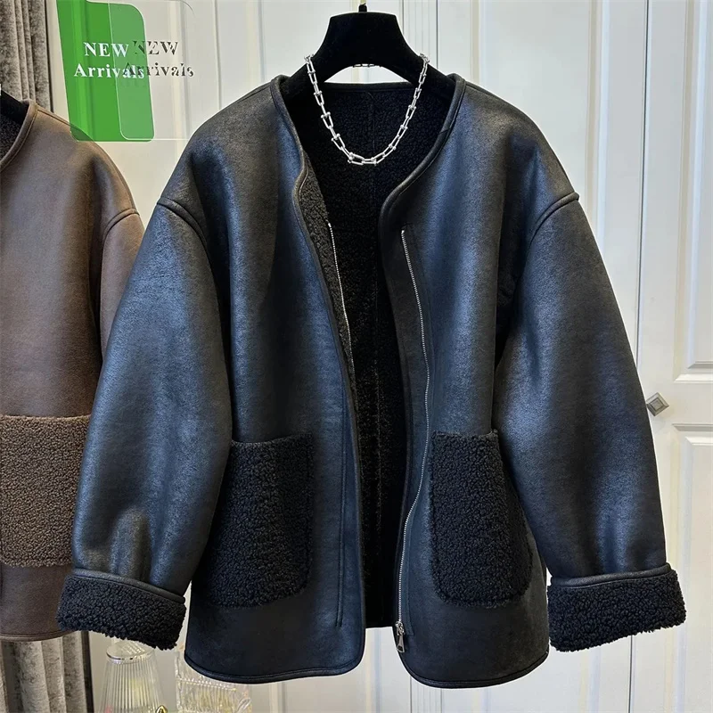 Middle Aged Women's Black Join Together Leather Jacket Women's Thicken Autumn Winter New Faux Fur Coat Leather Jacket PU Coat