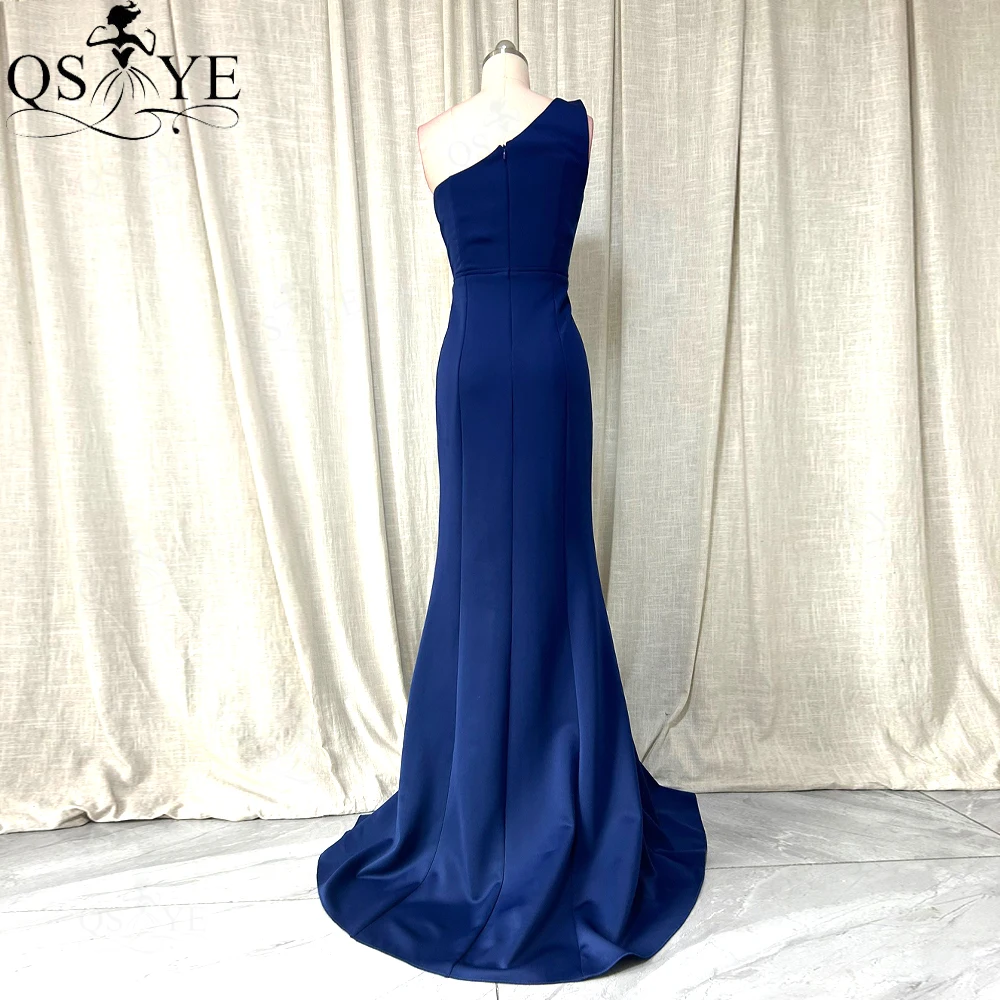 Eine Schulter einfache Marine Abendkleider Meerjungfrau langes Ballkleid sexy offen gespaltene elastische Satin schlichte Frauen Blue party Abendkleid