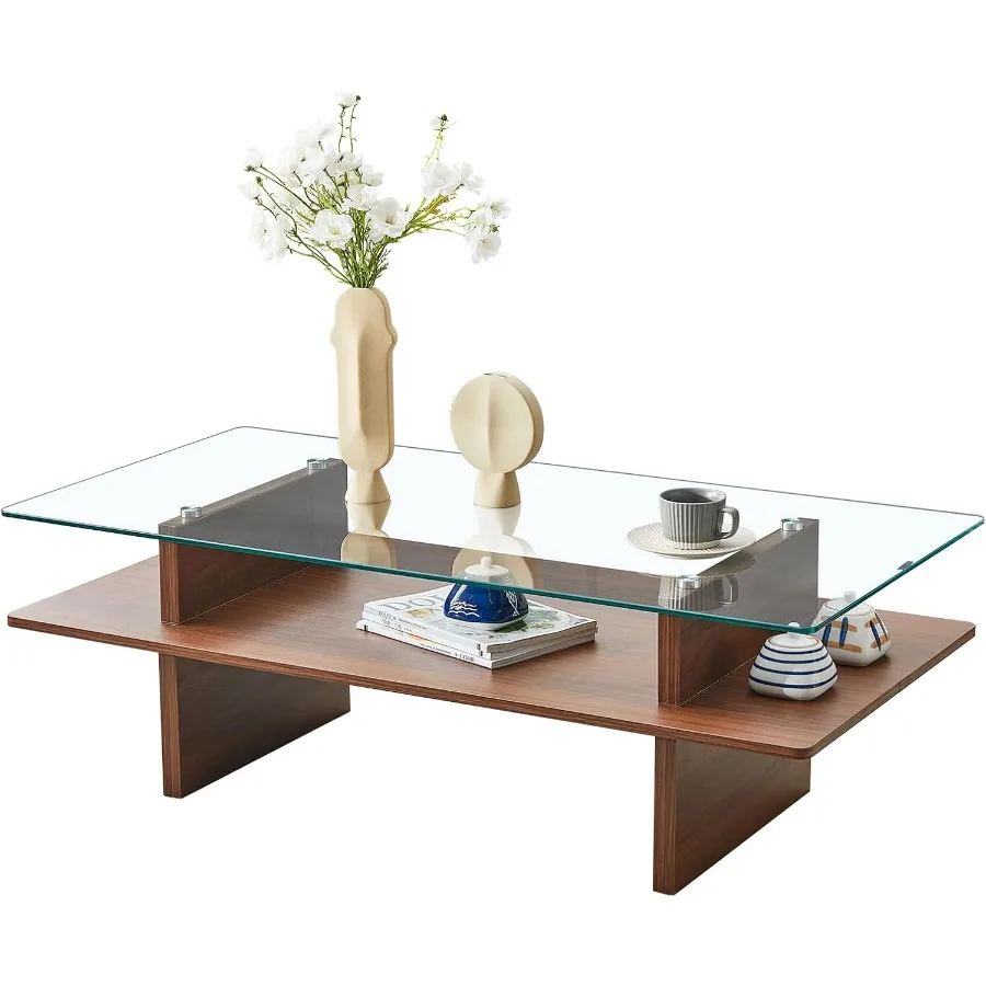 Rectangle Glass Coffee Table for Living Room: Tempered Glass Top, Walnut Wood Frame, Warm Brown Finish, Modern Minimalist Desig