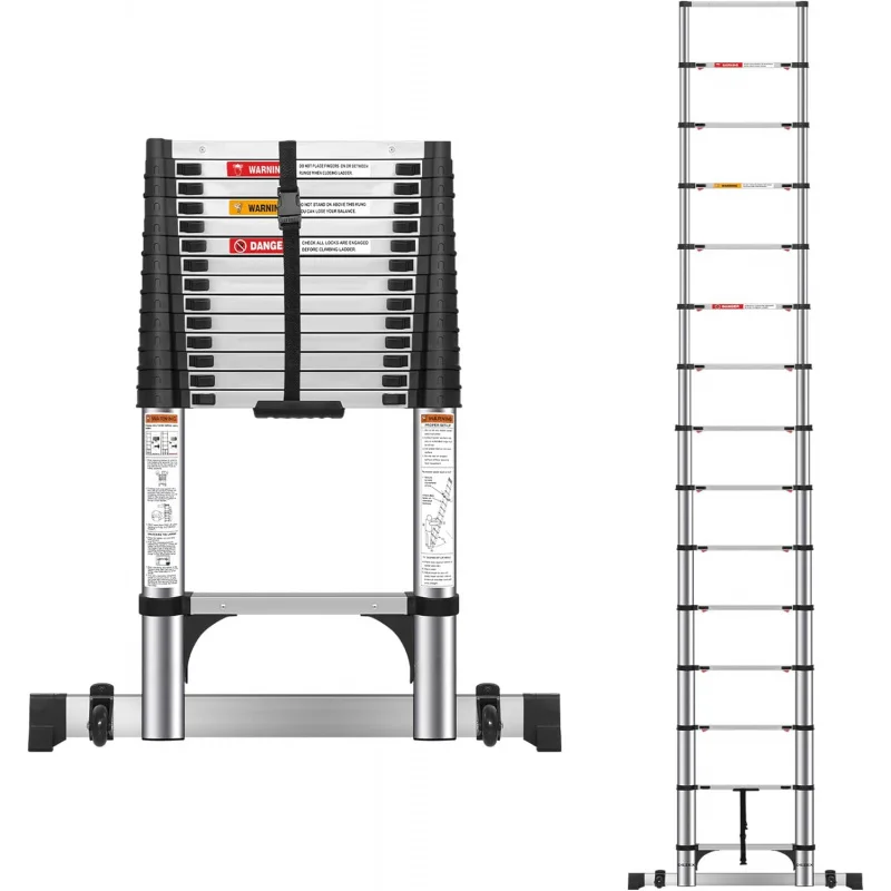 16.5 FT Telescoping Ladders Stainless Steel Telescopic Ladder - Multi-Button Retraction Collapsible Ladder For Home,RV,Loft