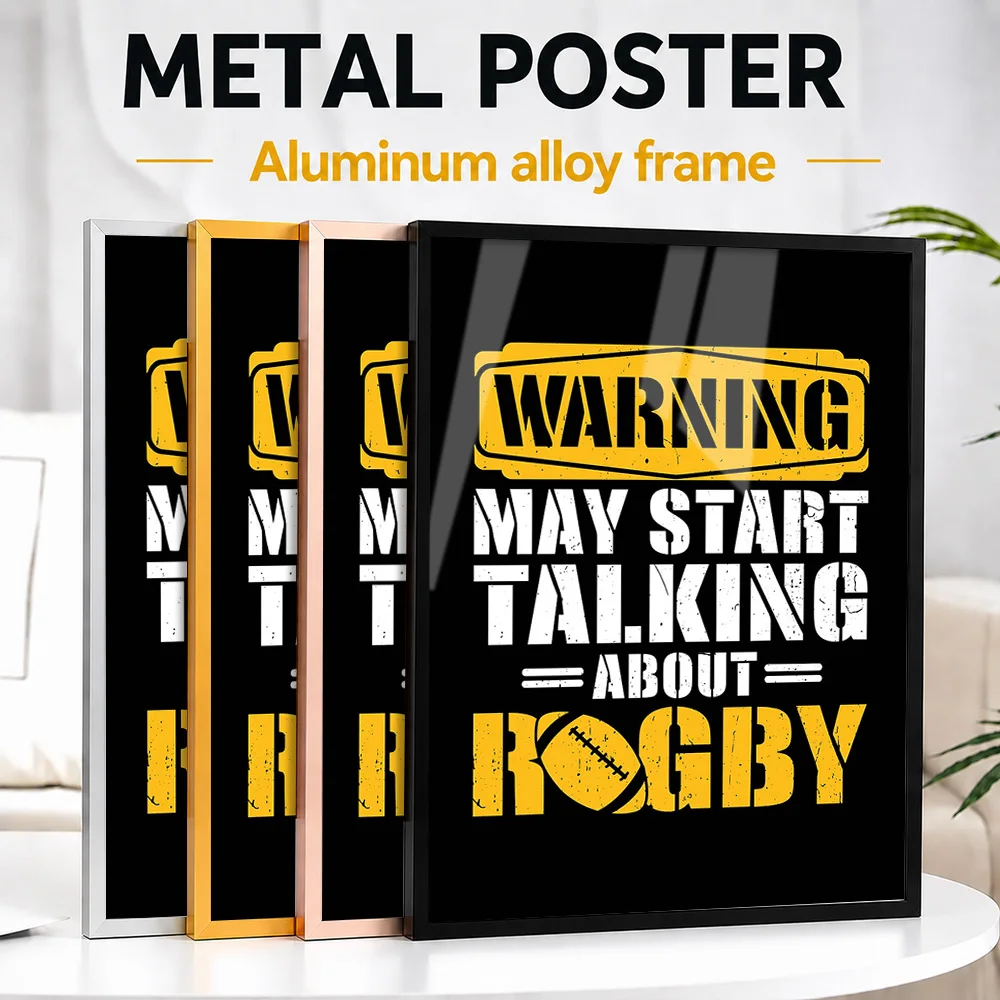 Warning May Start Talking Rugby Framed Metal Print Customized Photo Dynamic Field Style Wall Art For Study Unique Athlete Gift
