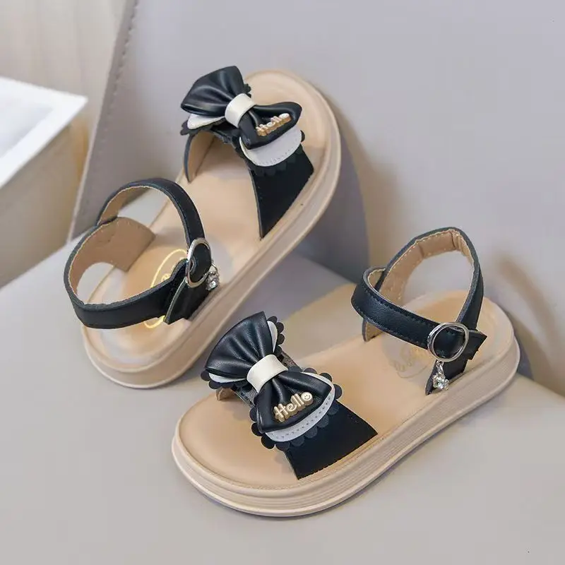 Summer New Children  Flat sole Bowknot Sandals Girls Thick Sole Non Slip Open Toe Velcro Outdoor Beach Sandals Princess Sandals