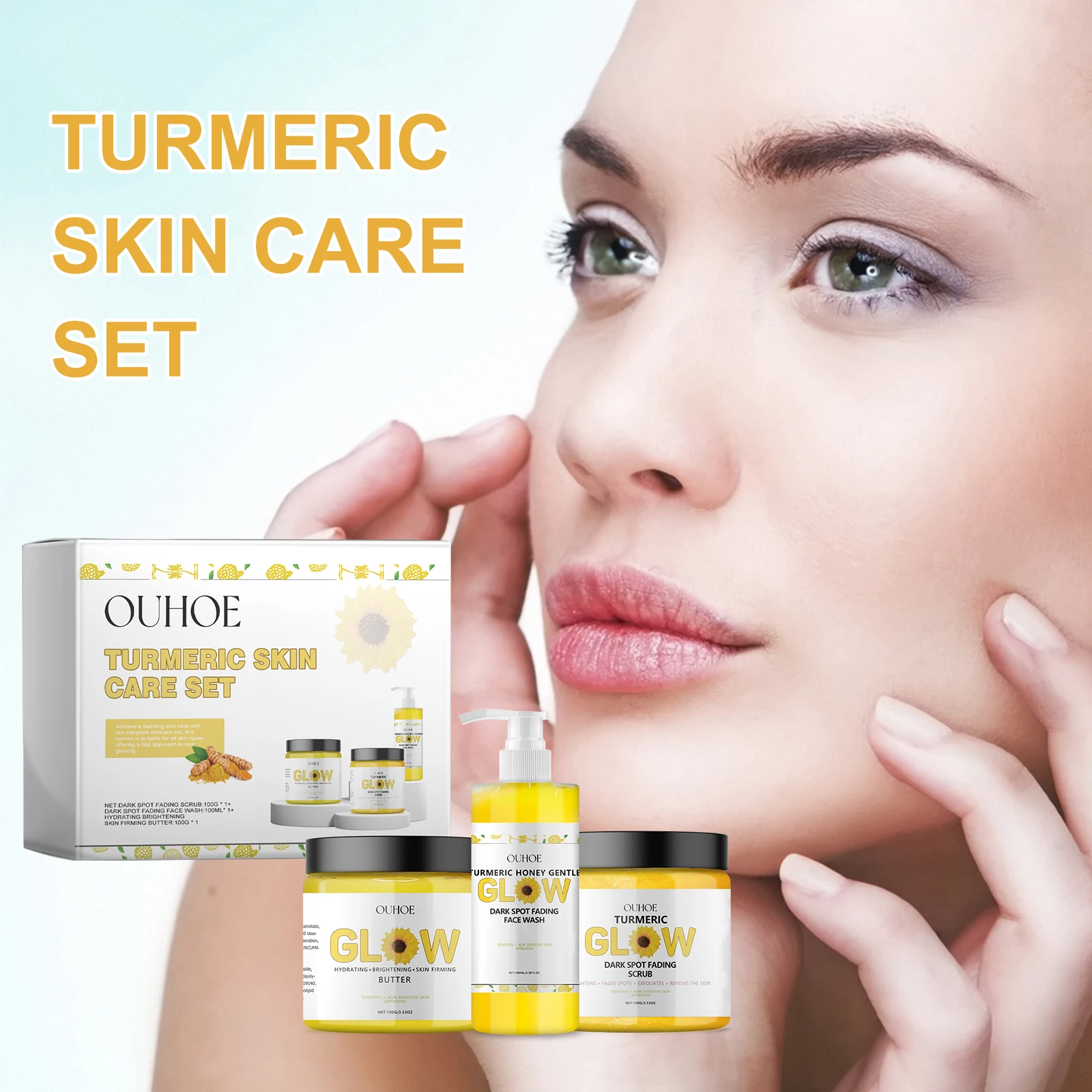 Turmeric facial skincare set, cleansing facial cleanser, oil control exfoliating scrub, nourishing skin moisturizing cream