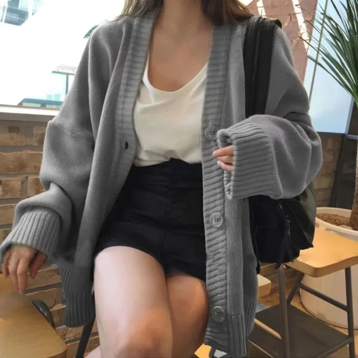 

Loose Knitted Cardigan Women's Outerwear Spring Autumn New Sle V-Ne Long Sve Warmth Emitting Retro Japanese Lazy Top