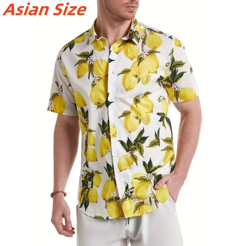 Fruit Lemon Pattern Lapel Shirt For Men Retro Ethnic 3D Printed Hawaiian Shirts Fashion Short Sleeve Tops Harajuku Button Blouse