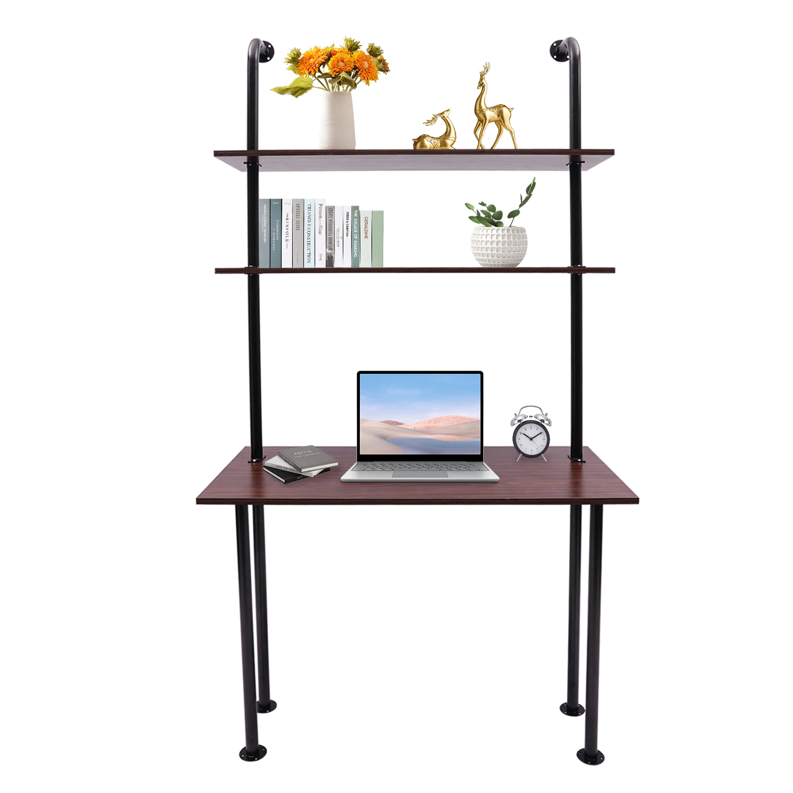 2-Shelf Laptop Desk with Shelves Wall Mount Desk with Power Strip Modern Computer Writing Table for Work Platform Ladder Desk