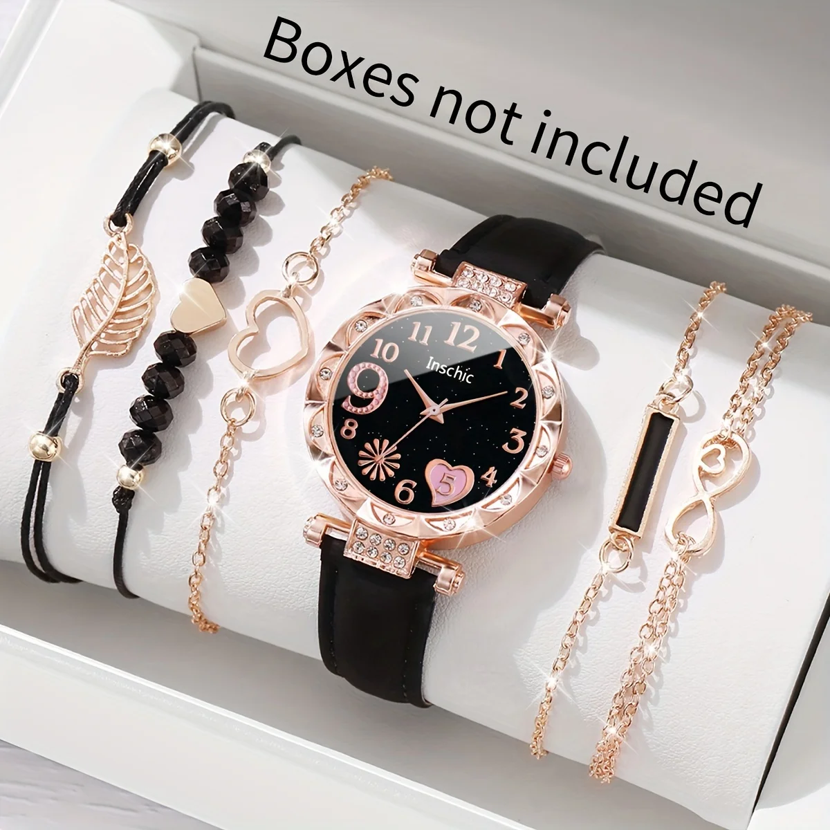 6PCS Fashion Women Watches Luxury Rhinestone Heart Dial Ladies Leather Band Quartz Watch Bracelets Set（Without Box）