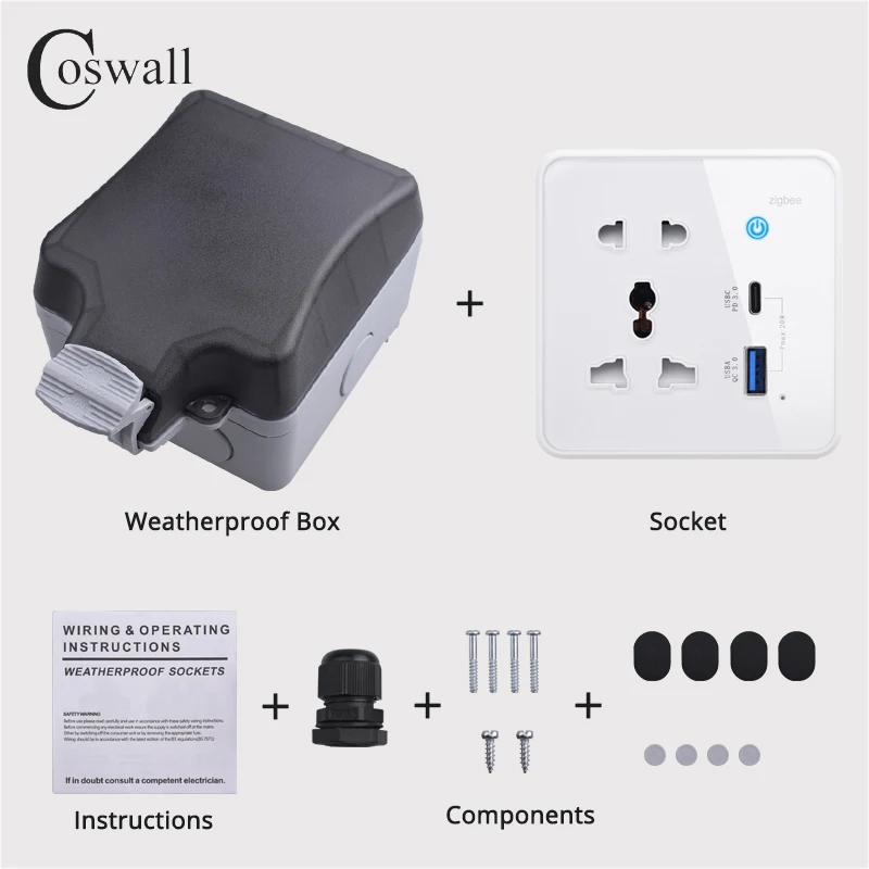 Coswall IP66 مقاوم للماء الزجاج واي فاي/زيجبي تويا العالمي المقبس + المزدوج USB 20 واط Type-C شاحن سريع QC 3.0 تيار مستمر 5 فولت/9 فولت/12 فولت الناتج