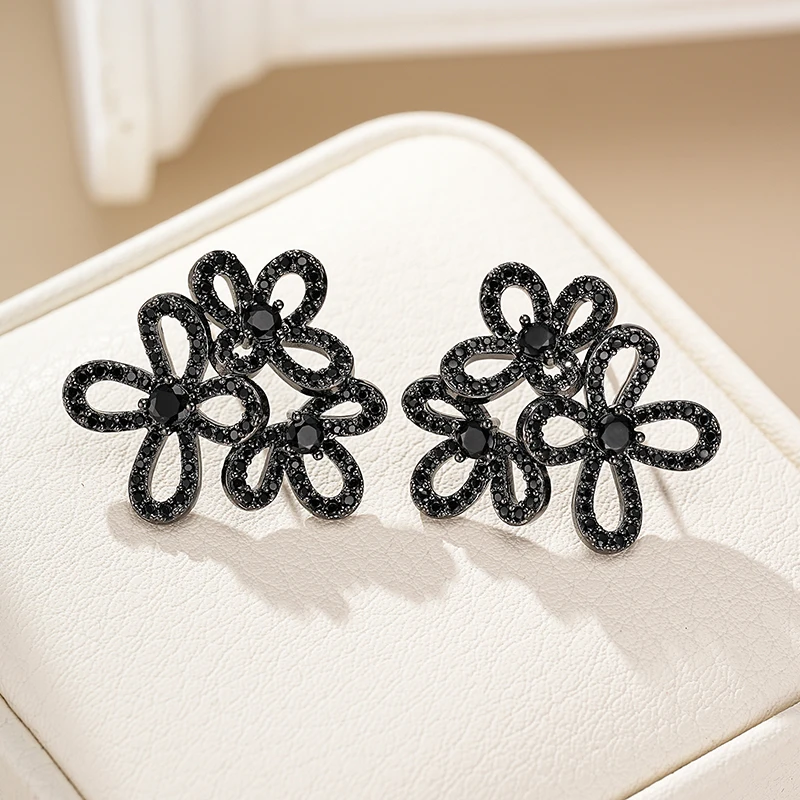 

SENYU готические черные серьги-гвоздики с цветочным кластером, черное золото, черный циркон, цветок, эффектные ювелирные изделия, модный повседневный аксессуар