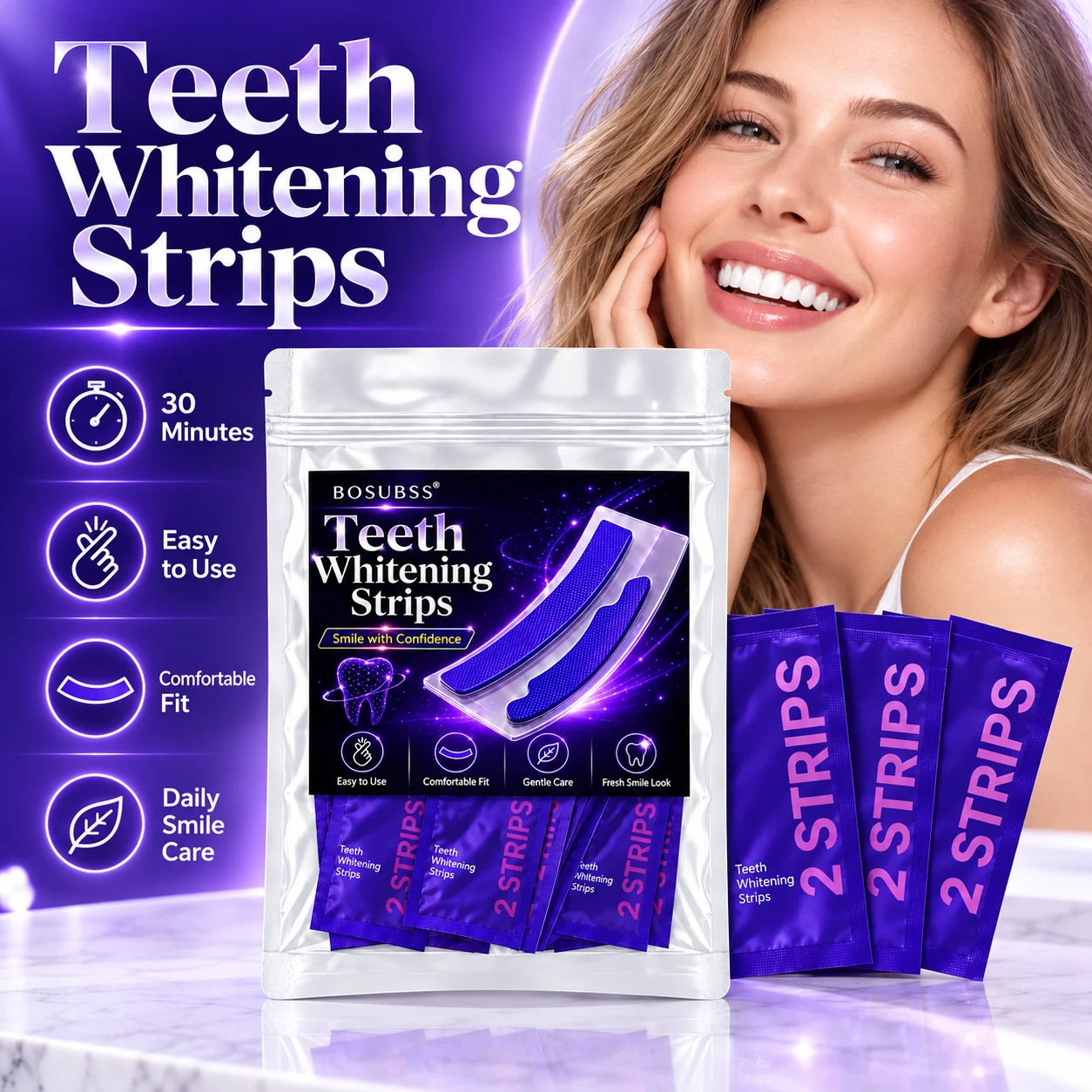 3/7 Pairs Purple Smile Care Strips, Oral Beauty Teeth Stickers, Gentle Fit Easy Home Use Fresh Smile Routine