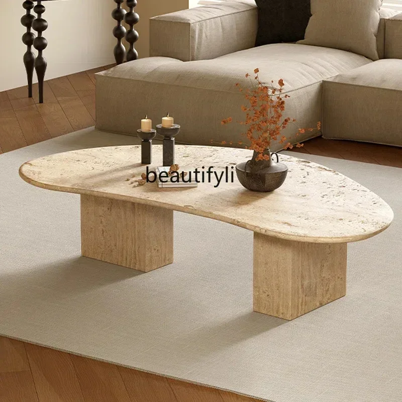 

03.Natural travertine coffee table special-shaped geometry, living room home coffee table light luxury, wabi sabi coffee table20