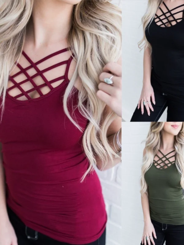 Sexy Asymmetric Pure Color Women's T-shirt Bodycon Fit Sleeveless Casual Wear for Young Women in Their Late Twenties