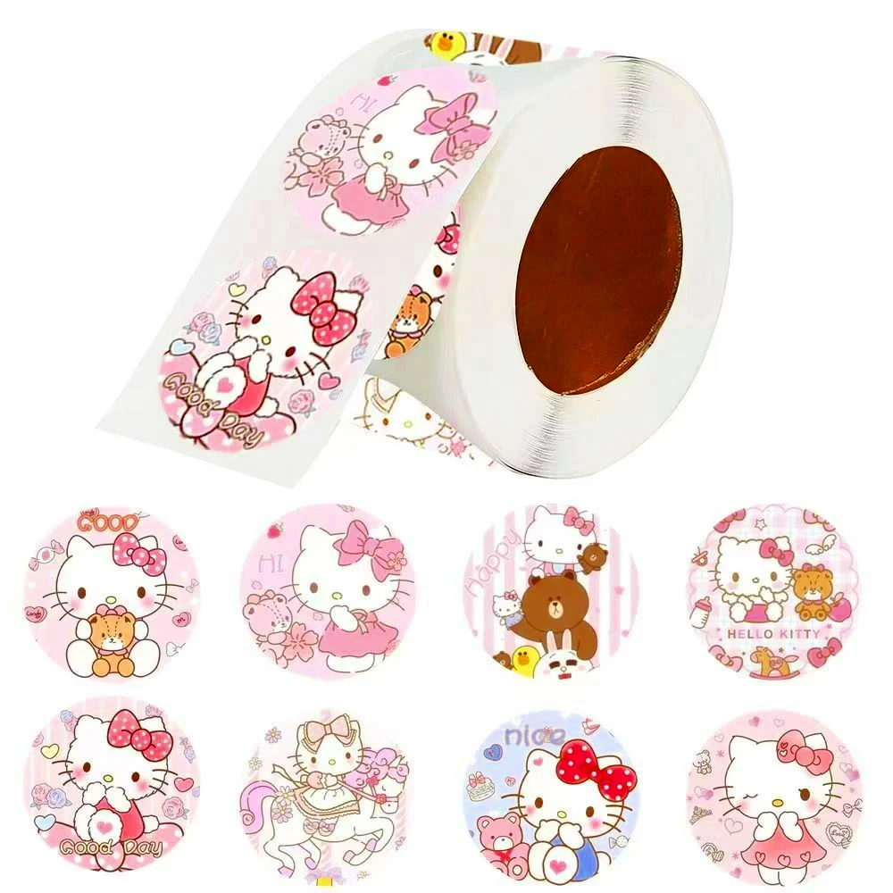 500pcs Hello Kitty Stickers 1roll Round Labels Kawaii Anime Sanrio Kuromi My Melody Cute Stickers Kids Birthday Party Decoration